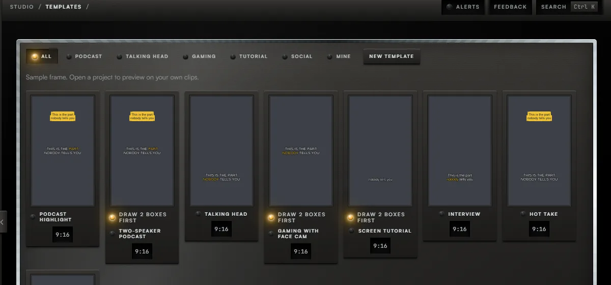 The Templates screen, with the controls for steps 1 to 2 boxed and numbered.
